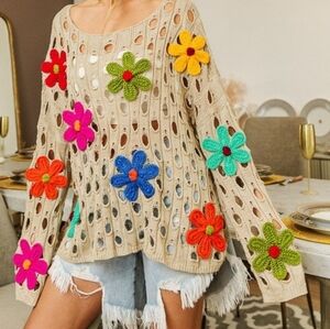BiBi Daisy Rainbow Knit Sweater Top - Cream with Multicolor Flowers